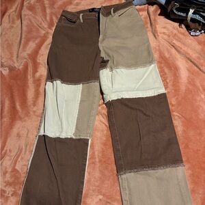 7r ultra high rise dad jean w28 l31 brown tan and white patched jeans